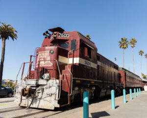 beach train blue sky